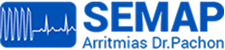 Logotipo da SEMAP com a imagem de um traçado eletrocardiográfico estilizado e o texto 'Arritmias Dr. Pachon'.